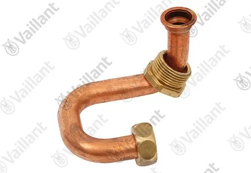 Kupferrohr mit einem gebogenen Ende und mehreren Gewinden, produziert von Vaillant. Das Rohr weist eine spezielle Form auf.